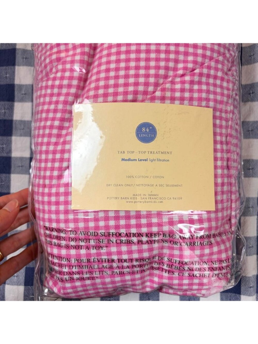 Pottery barn kids pink and white gingham 84 inch single curtain panel